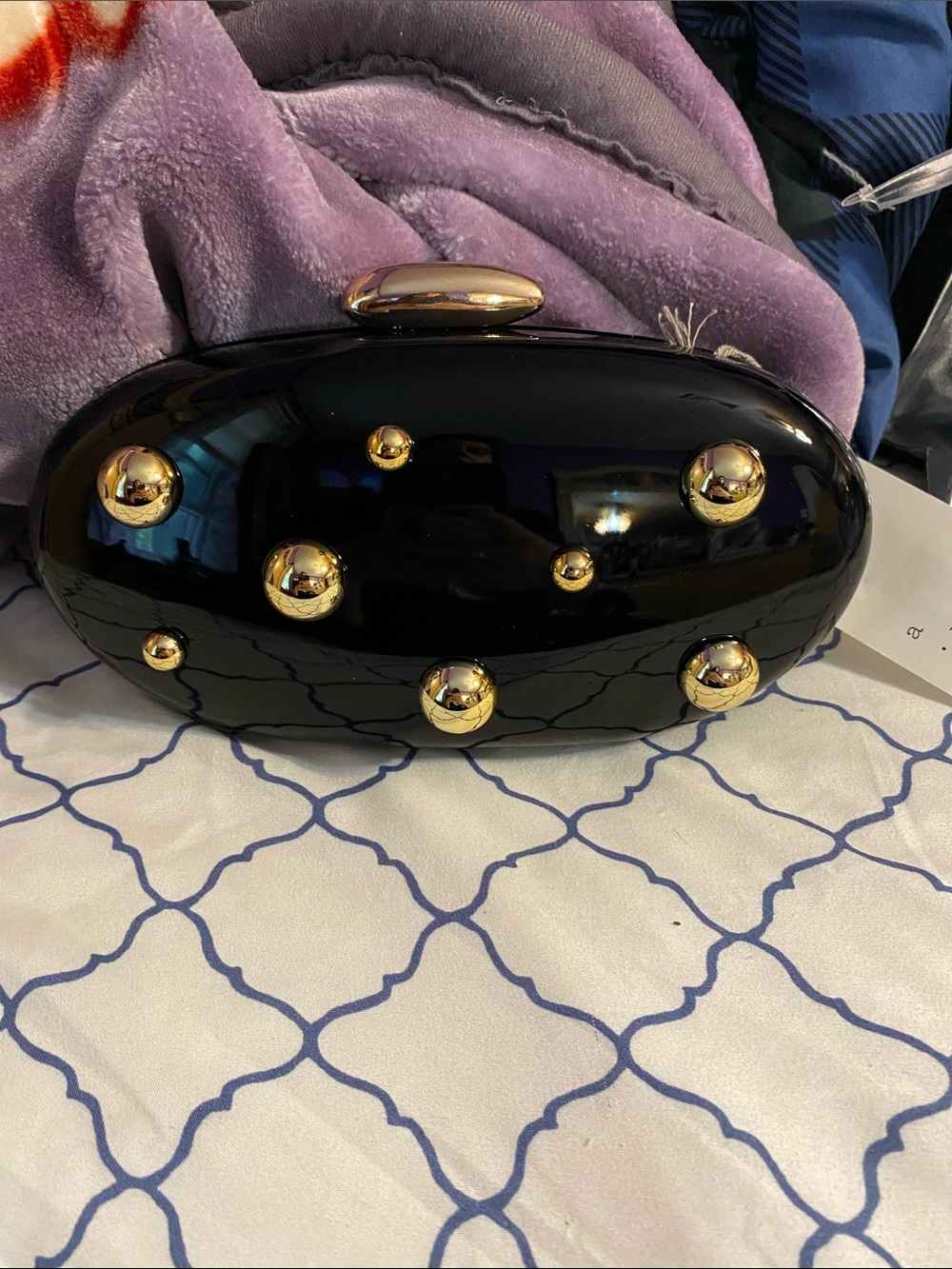 a new day Black Glossy Oval Clutch with Gold Studs